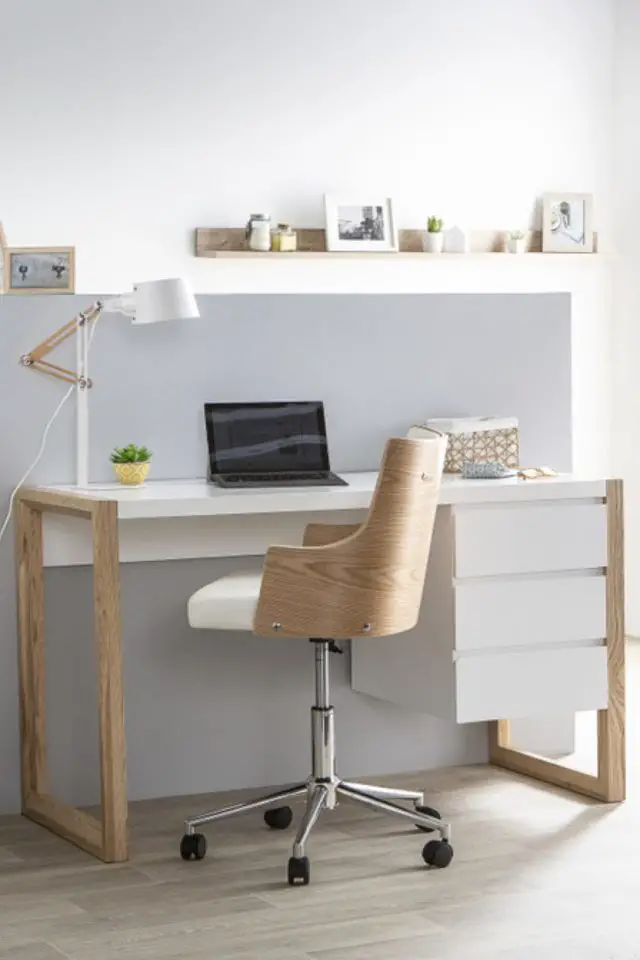 meuble enfant bureau bonne qualite adolescent Bureau avec rangements 3 tiroirs scandinave blanc mat et bois clair chêne massif L130 cm