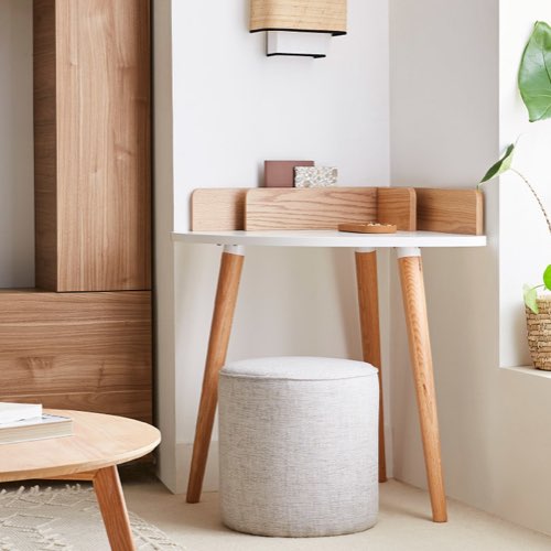 meuble malin petit appartement studio gain de place Bureau d'angle scandinave bois clair chêne et blanc L90 cm