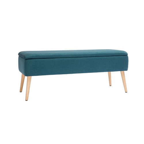 meuble malin petit appartement studio gain de place Banc coffre en tissu bleu canard et bois clair L120 cm