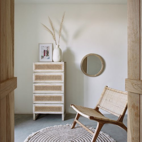 meuble petite chambre adulte moderne Commode 5 tiroirs en bois et rotin