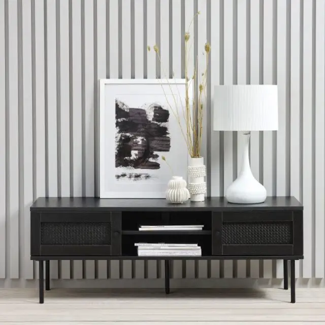 meuble salon design minimaliste Meuble tv 2 portes, 2 niches en bois et métal L120cm