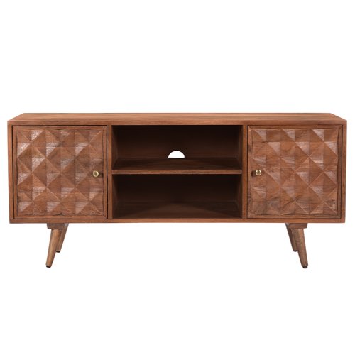 meuble salon style vintage mid century modern Meuble TV vintage en bois foncé manguier massif avec portes gravées motif pointe de diamant