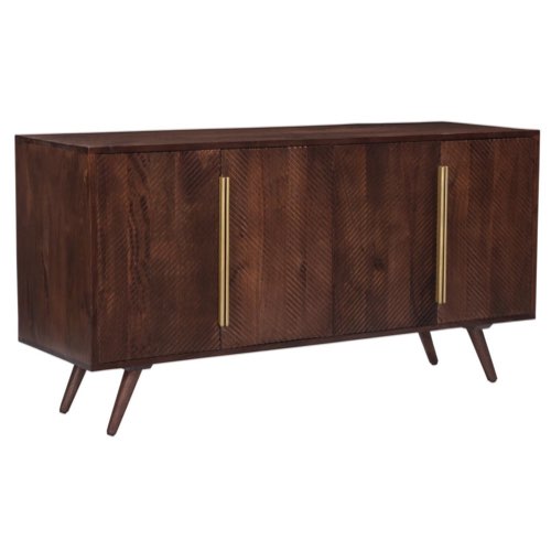 meuble salon style vintage mid century modern Buffet vintage en bois foncé manguier massif et métal doré 4 portes gravées L138 cm