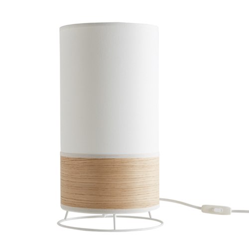 mobilier entree style minimaliste pas cher Lampe à poser cylindre en tissu coton blanc écru et feuille de bois chêne clair