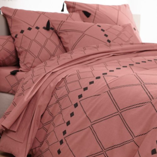 parure de lit adulte couleur terracotta Linge de lit Massai coton à motifs graphiques et finitions pompons