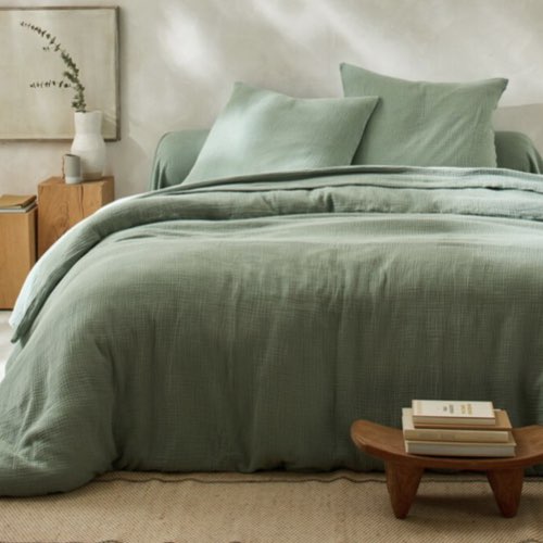 parure de lit pas cher couleur vert sauge Linge de lit uni en triple gaze de coton