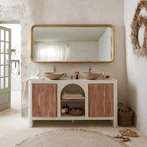 relooker facilement salle de bain accessoires Meuble 2 vasques en bois de manguier beige et blanc crème