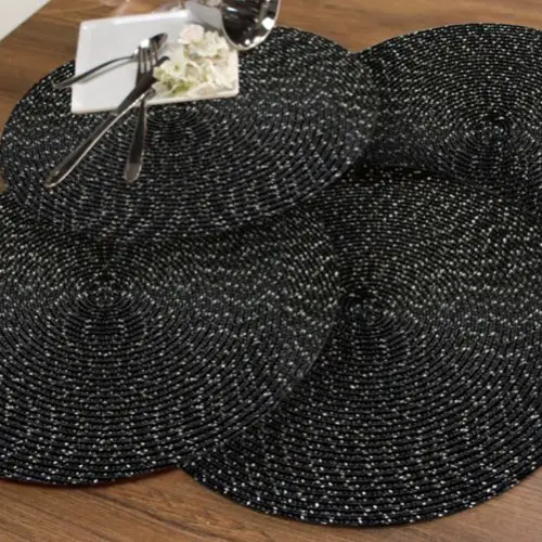 textile deco table noir blanc pas cher Set de table rond design métallisé - Lot de 4