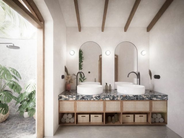 vacances voyage sri lanka villa moderne location salle de bain chic marbre cannage meuble double vasque miroir double cintré arrondi sur le haut