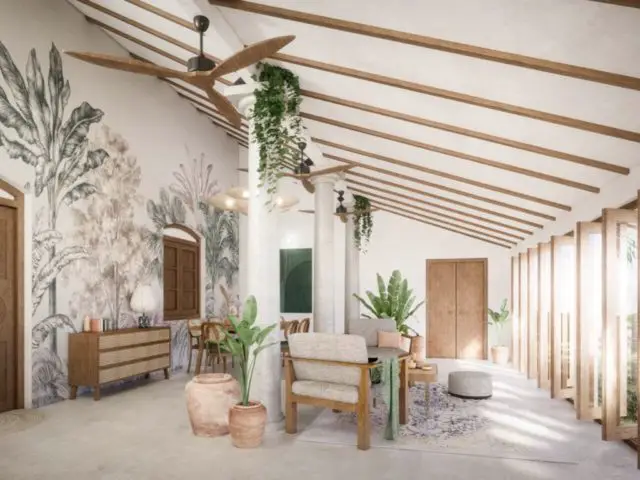 vacances voyage sri lanka villa moderne location pièce de vie ouverte papier peint panoramique tropical meuble en bois moderne fauteuil buffet en cannage ventilateur en bois