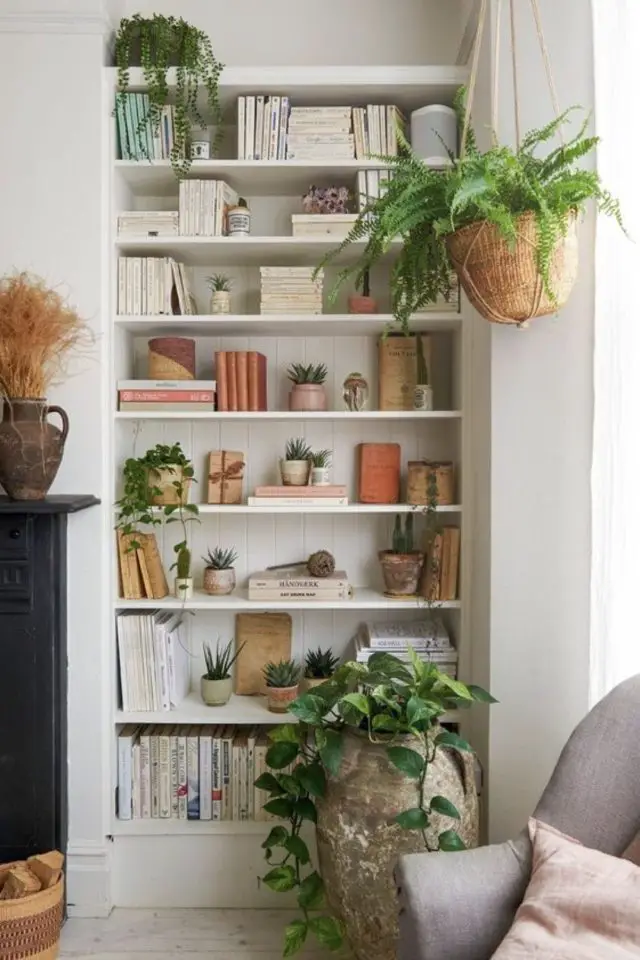 varietes plantes interieur salon salle a manger bibliothèque rangement renfoncement cheminée exemple déco