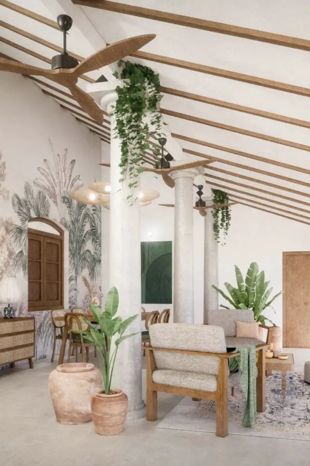 voyager sri lanka villa chic et moderne décor de salon slow living moderne bois blanc plantes d'intérieur tropical papier peint fresque