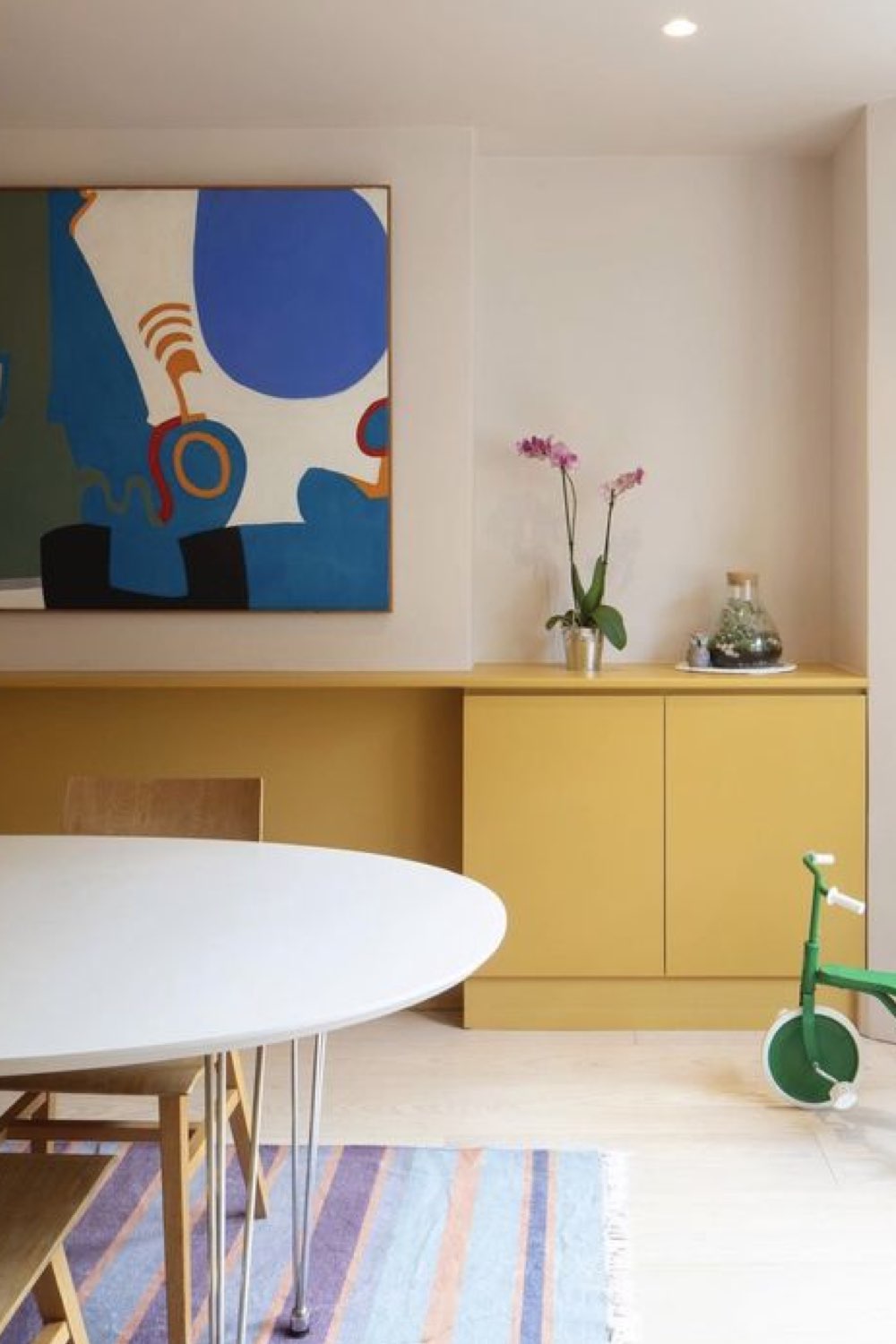 Ikea hack design chic relooking meuble salle à manger bricolage peinture jaune mat tablette grand tableau abstrait