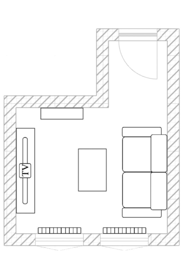amenagement salon en L 10m2 plan 2D avec meuble canapé droit table basse meuble tv bibliothèque 2 fenêtre porte