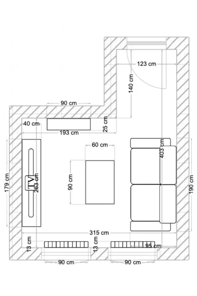 amenagement salon en L 10m2 plan 2D avec meuble canapé droit table basse meuble tv bibliothèque 2 fenêtre porte mesure cotations