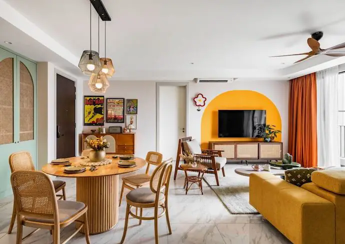 appartement colore et tendance exemple salon séjour ouvert cuisine espace repas cannage couleur texture coup de coeur
