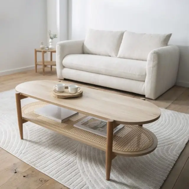 beau meuble moderne petit salon Table basse ovale en bois et cannage