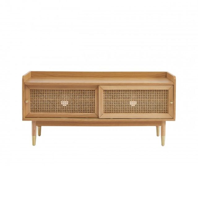 beau meuble moderne petit salon Meuble TV 2 portes coulissantes en bois et cannage 120cm