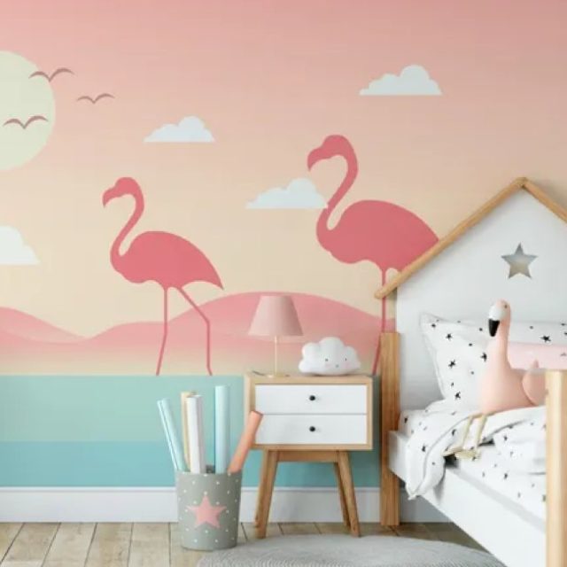 chambre enfant deco mur nature  Papier peint tropical flamant rose L225cm x H260cm