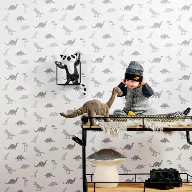 chambre enfant deco mur nature Papier peint intissé Lalala dinosaure noir