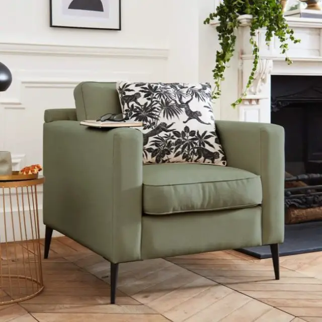 deco salon couleur vert sauge maisons du monde fauteuil - en tissu - pieds métal - Vert