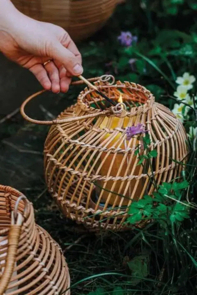 deco style nature panier pas cher Photophore torsadé, rotin, petit