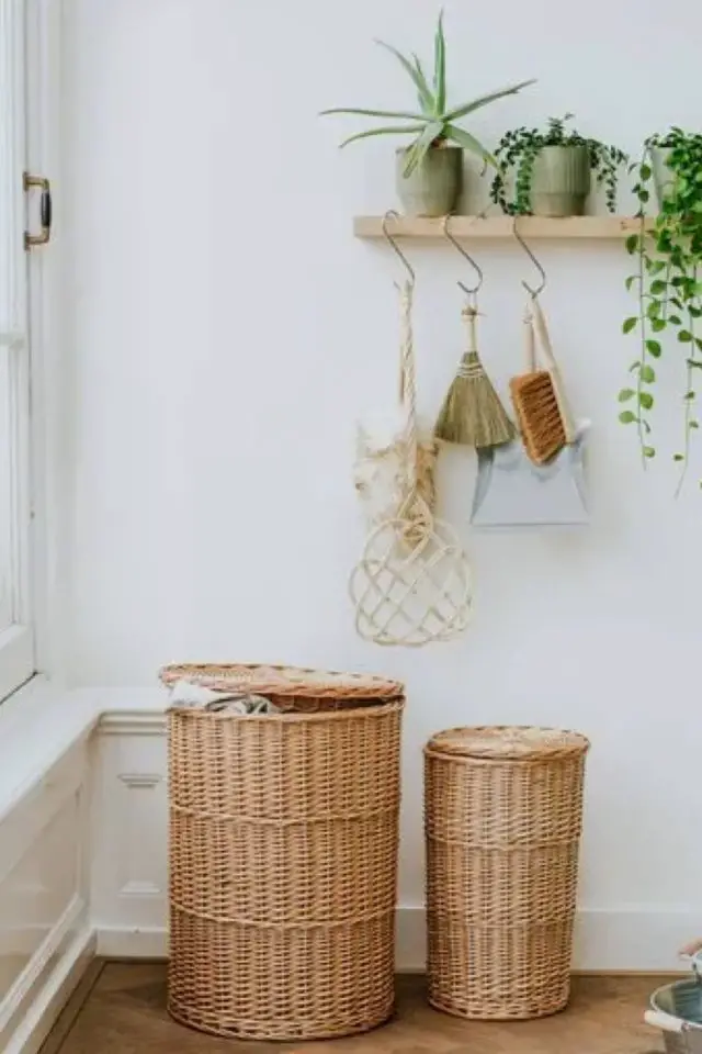 deco style nature panier pas cher Panier à linge rond, saule, intérieur doublé, moyen