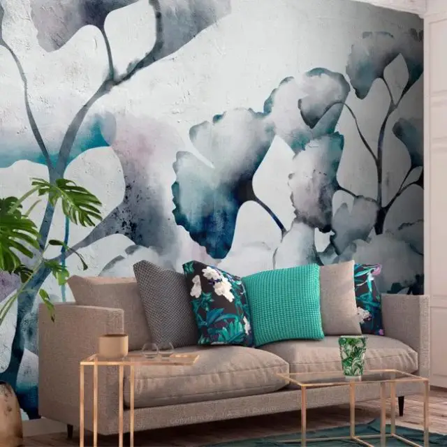 decor bleu chambre adulte Papier peint Ginkgo Leaves