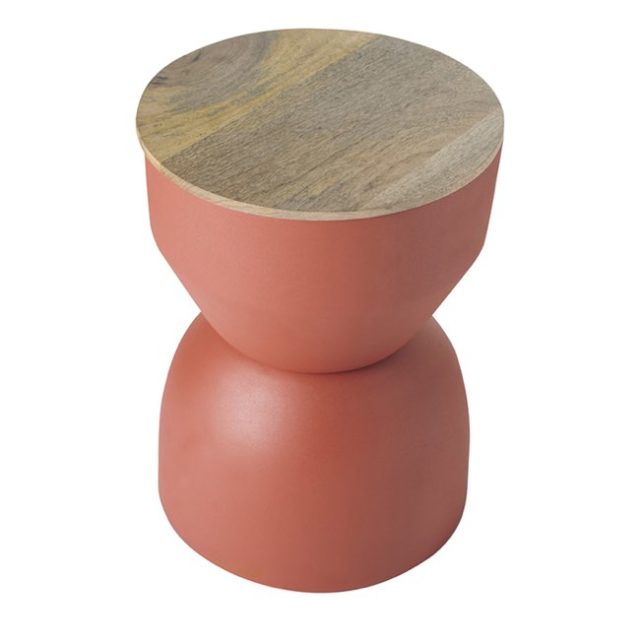 decoration avec terracotta pas cher Table d'appoint ronde design avec rangement en métal terre brulée et bois manguier massif D30 cm