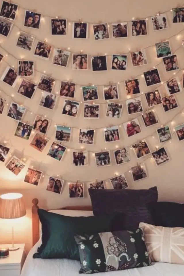 decoration chambre adolescente idee creative tête de lit mur photo polaroid guirlande facile à faire
