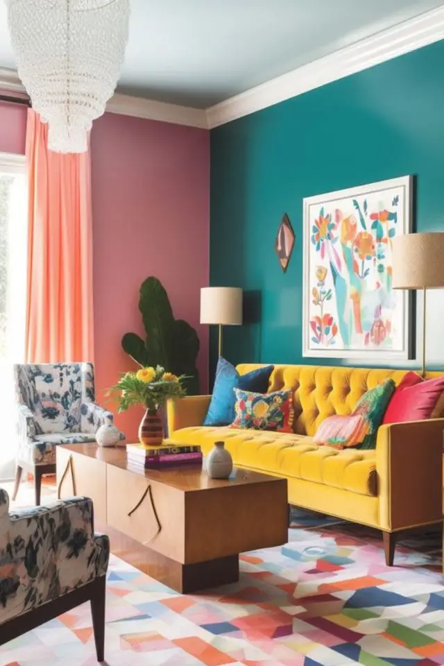 decoration salon photo moderne 2024 color bloc couleur mur vert  et rose rideau assorti canapé jaune original plein de vie