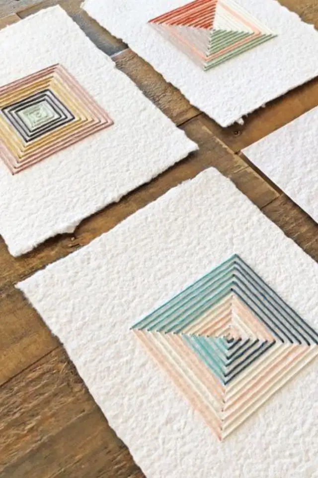 exemple broderie sur papier motif simple à copier géométrique carré couleur papier artisanal