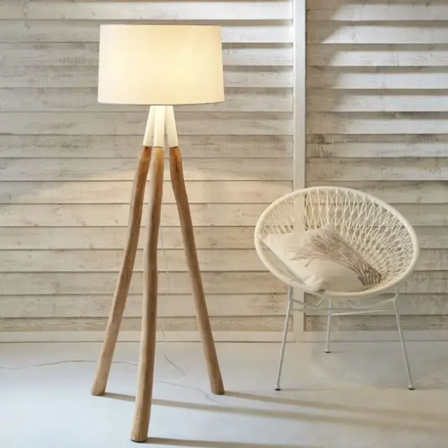 luminaire deco style bord de mer Lampadaire branche d'eucalyptus et abat-jour blanc H152