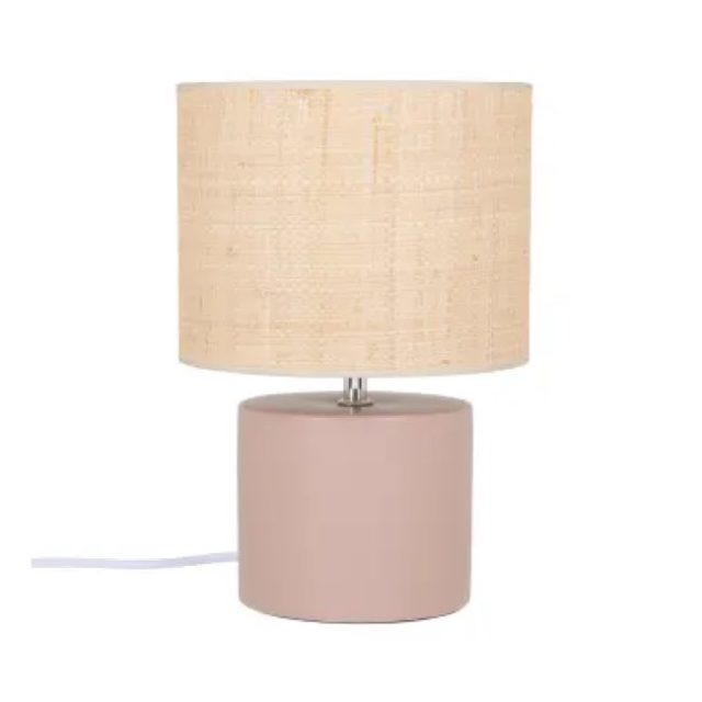 meuble deco petite entree pas cher Lampe en dolomite rose et abat-jour en raphia