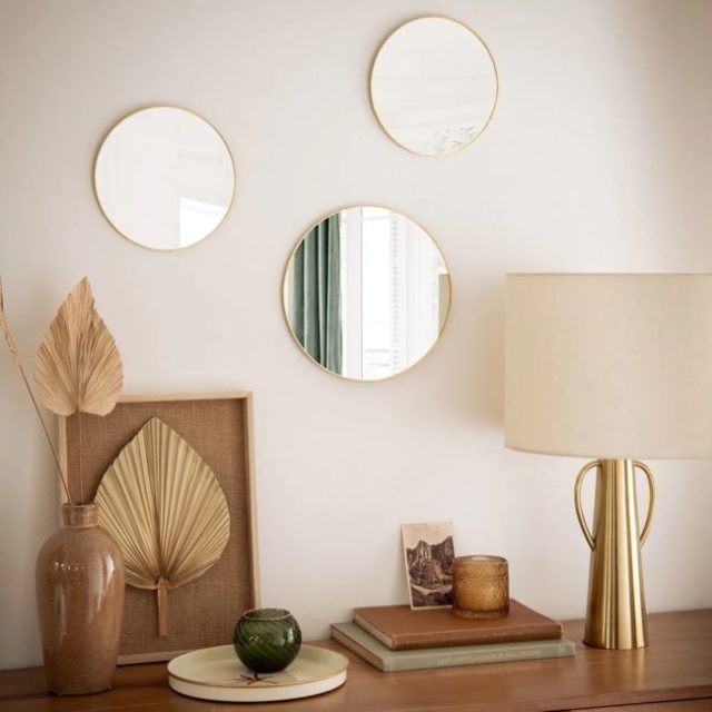 miroir deco entree pas cher Miroirs ronds en métal doré (x3)