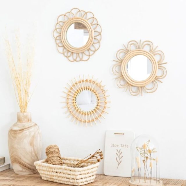 miroir deco entree pas cher Miroirs ronds D25 (x3) en rotin soleil