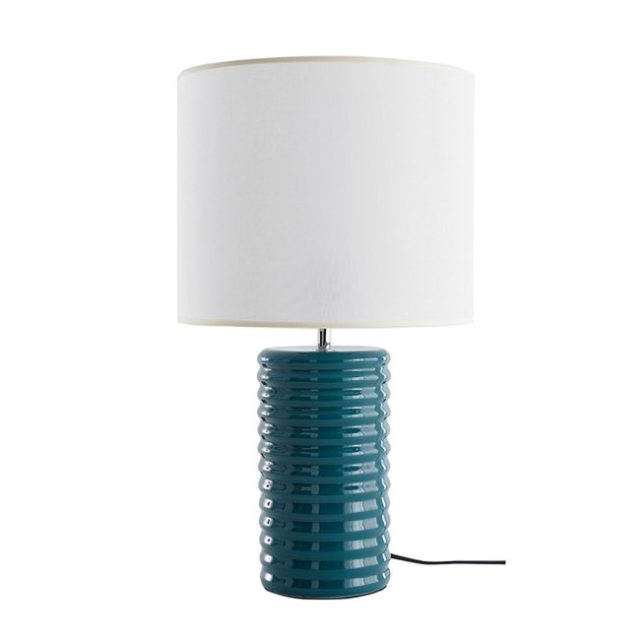 salle a manger deco bleue Lampe à poser en céramique émaillée bleu canard et abat-jour écru H53 cm