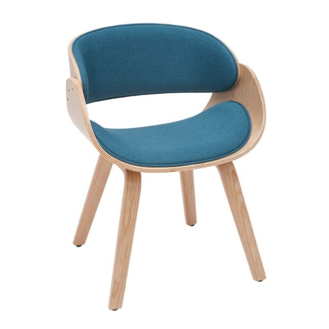 salle a manger deco bleue Chaise design en tissu bleu canard et bois clair