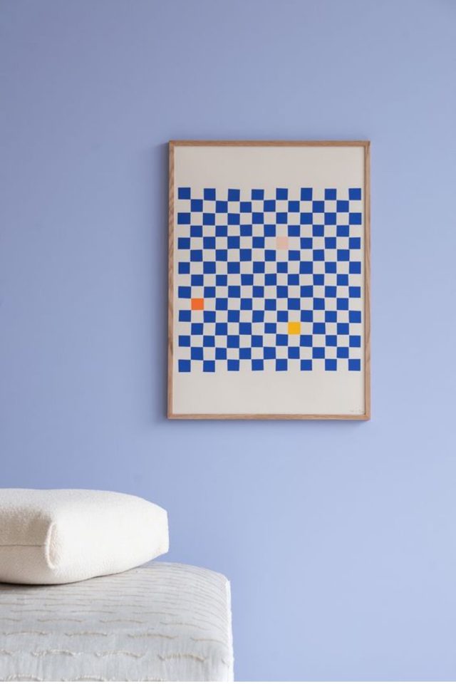 decoration tendance motif damier exemple affiche rétro piexel bleu jaune blanc déco mur