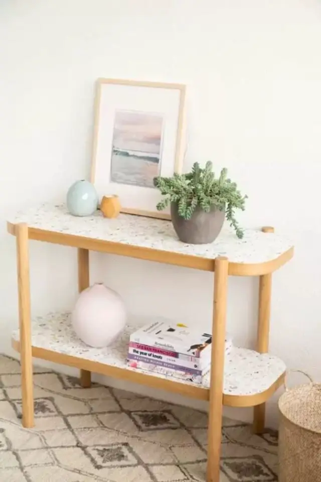 ikea hack facile a copier debutant console en bois plateau relooké papier adhésif terrazzo