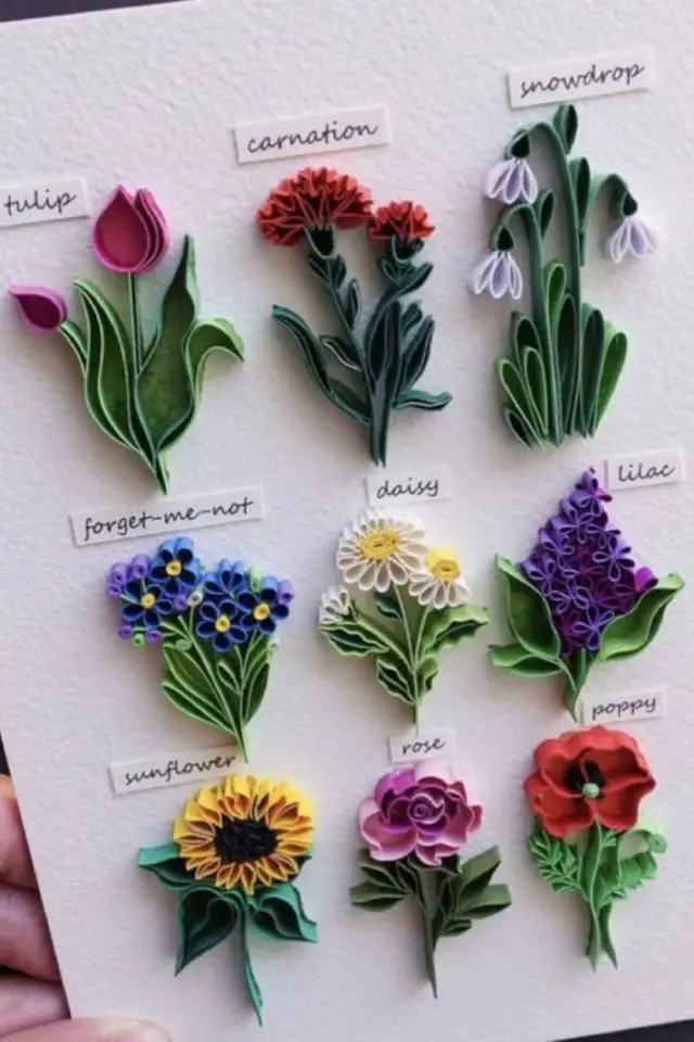 loisirs creatifs adulte quilling exemple forme différentes fleurs à copier