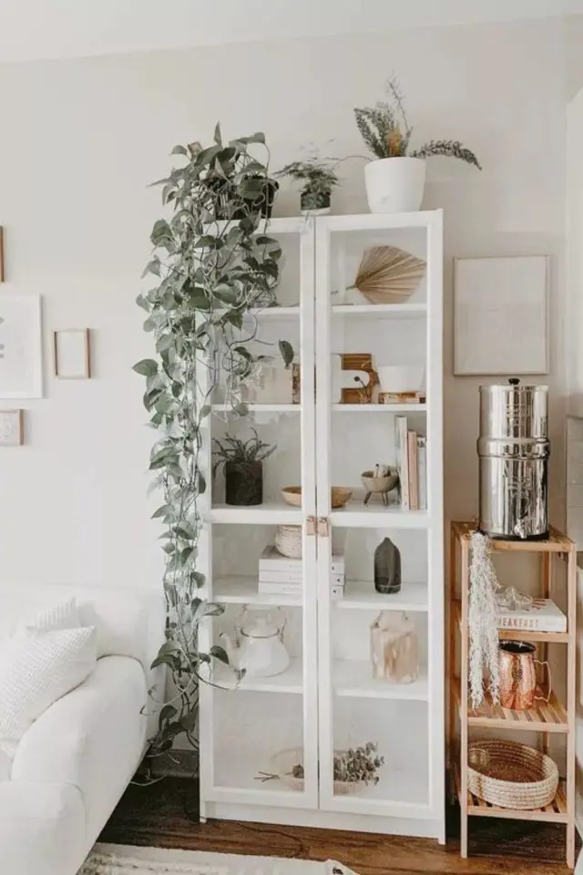 ou acheter meuble vitrine moderne blanc à côté du canapé rangement décoratif plantes vertes posées dessus