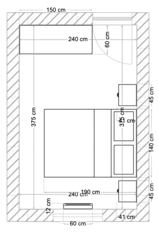 plan agencement chambre rectangulaire 9m2 avec cotations et mesure meuble lit rangement table de nuit solutions
