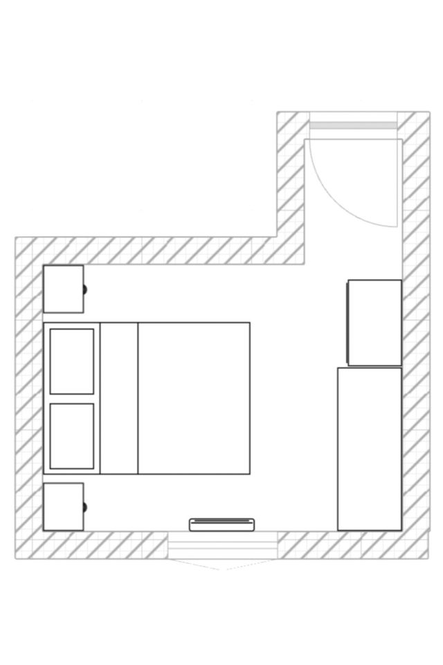 plan chambre en L 9m2 amenagement commode armoire lit 2 personnes tables de chevet solutions pratique et déco