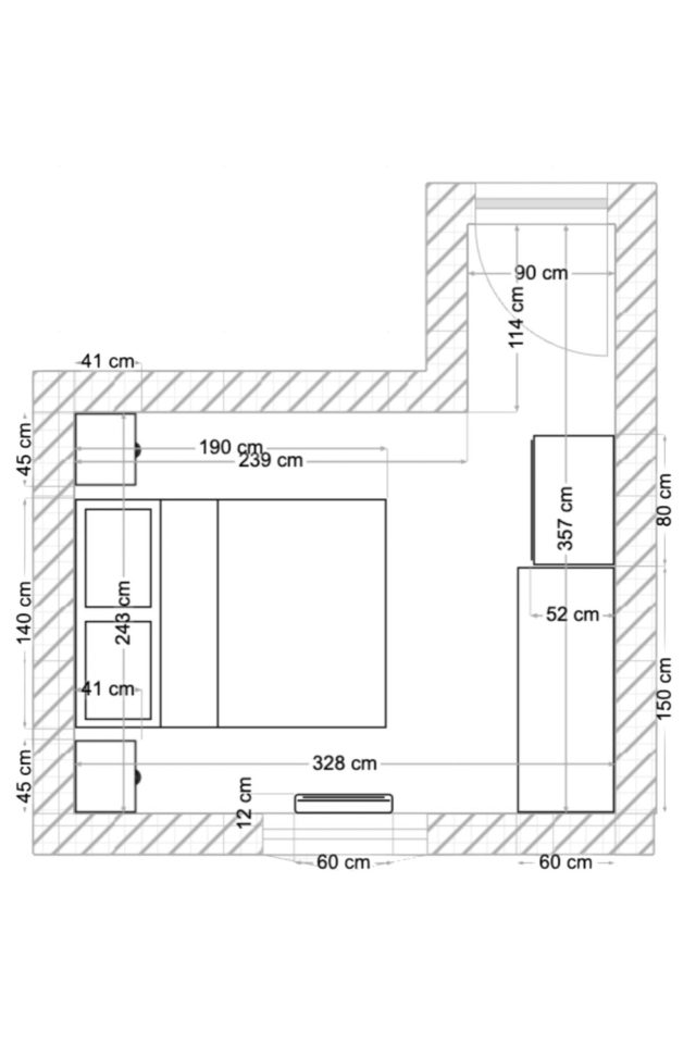 plan chambre en L 9m2 amenagement avec dimensions possibilités solutions meubles avec mesures et cotation