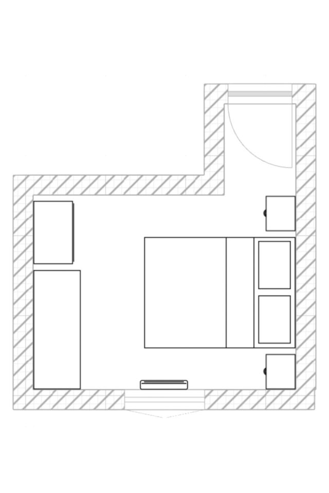 plan chambre en L 9m2 amenagement commode armoire lit 2 personnes tables de chevet