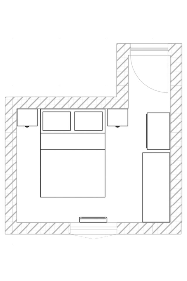 plan chambre en L 9m2 amenagement commode armoire lit 2 personnes tables de chevet solutions