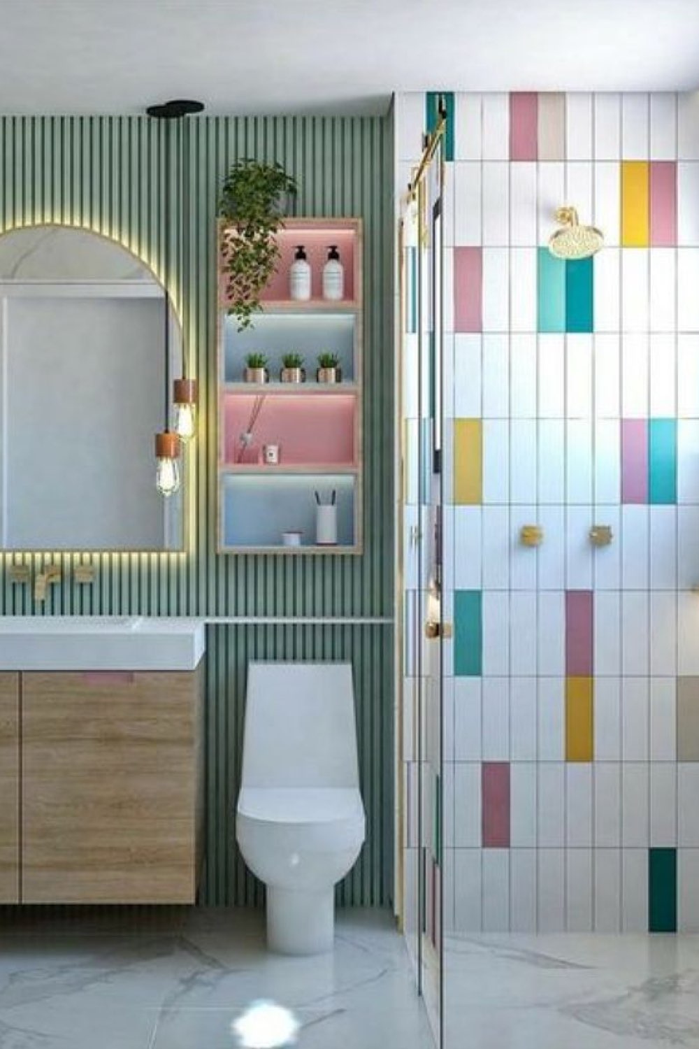salle de bain exemple touche de couleur carrelage revêtement douche mur en tasseaux de bois peint vert sauge