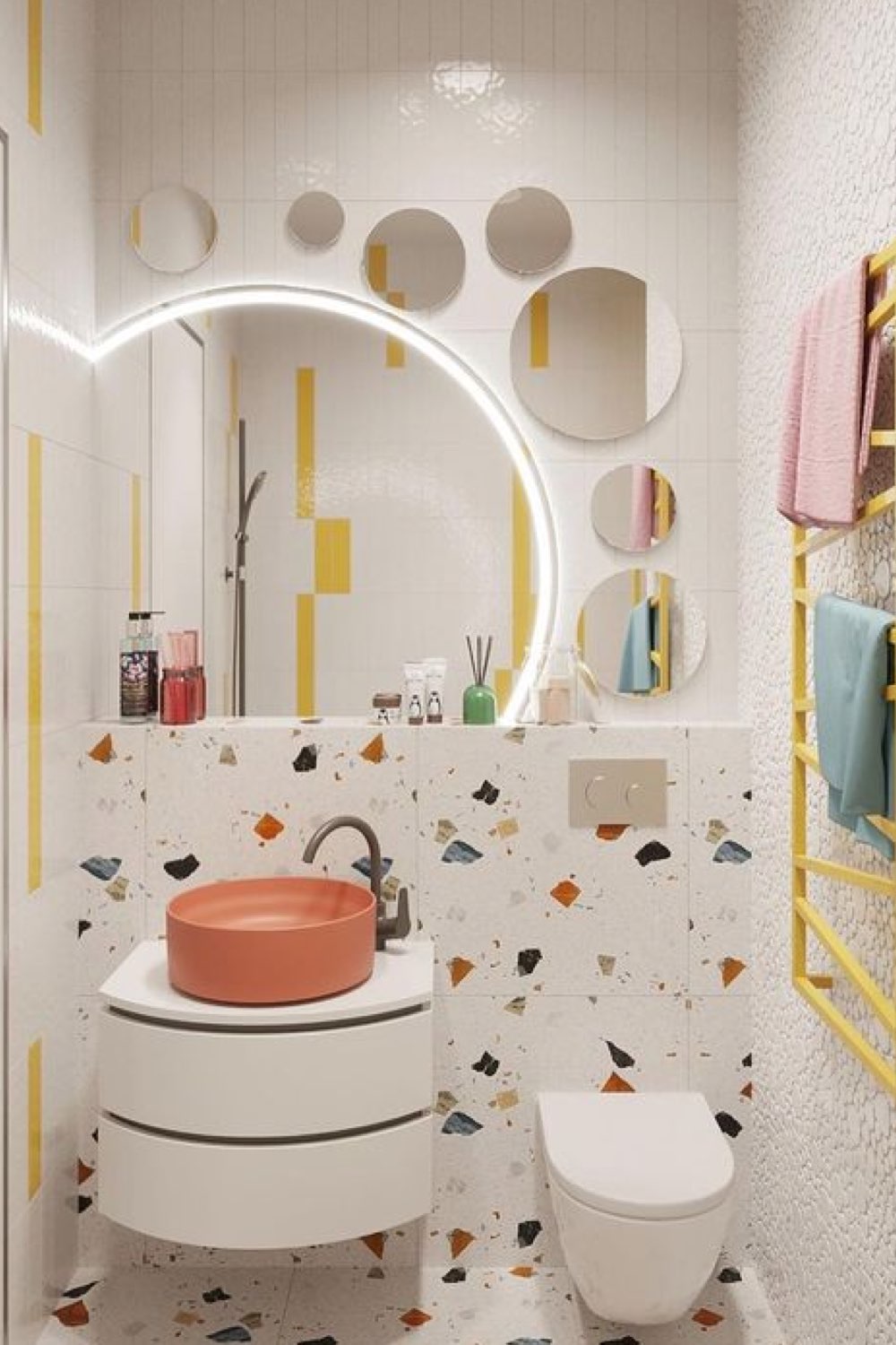 salle de bain exemple touche de couleur toilettes meuble lave main vasque colorée revêtement mur terrazzo