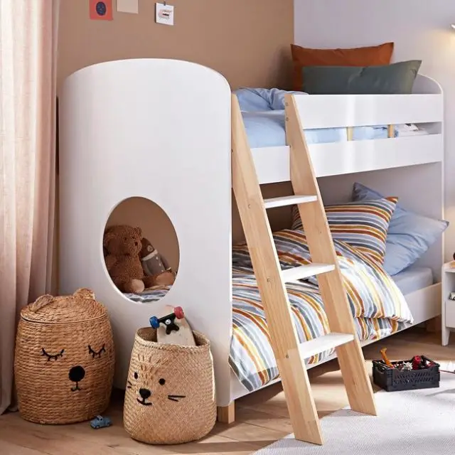 black friday decoration meuble 2023 Lits superposés avec sommiers blanc et bois chambre enfant